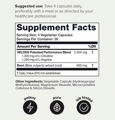 A supplement label with essential vitamins and minerals for enhancing Fuel Nitric Oxide Booster – 3000mg 99% Pure (120 Veggie Caps) BACKORDERED AS OF 12/21/23 levels, from the brand Faire.com.
