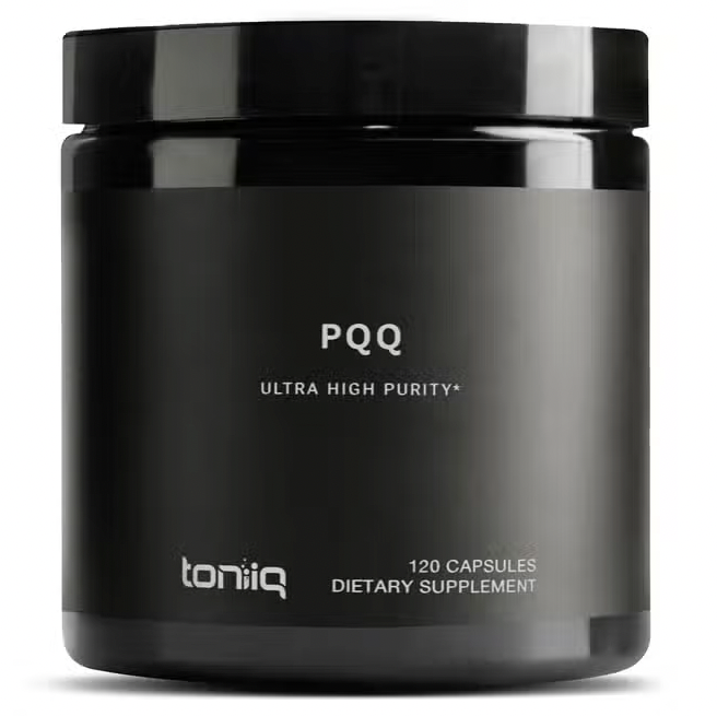 A jar of Faire.com's highly purified PQQ 99% supplement (120 capsules) for optimal health benefits.