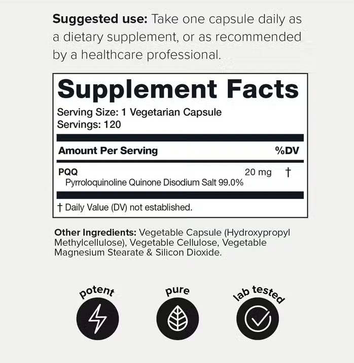 A label for the PQQ 99% supplement (120 capsules) by Faire.com, a highly purified supplement that contains vitamins and minerals, offering health benefits.