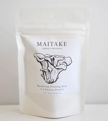 A white bag with an immune-boosting Faire.com Maitake Mushroom Powder 2 oz. | 50 servings label.