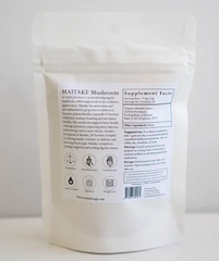A white bag with a label on it, containing Faire.com's Maitake Mushroom Powder 2 oz. | 50 servings for immune-boosting.