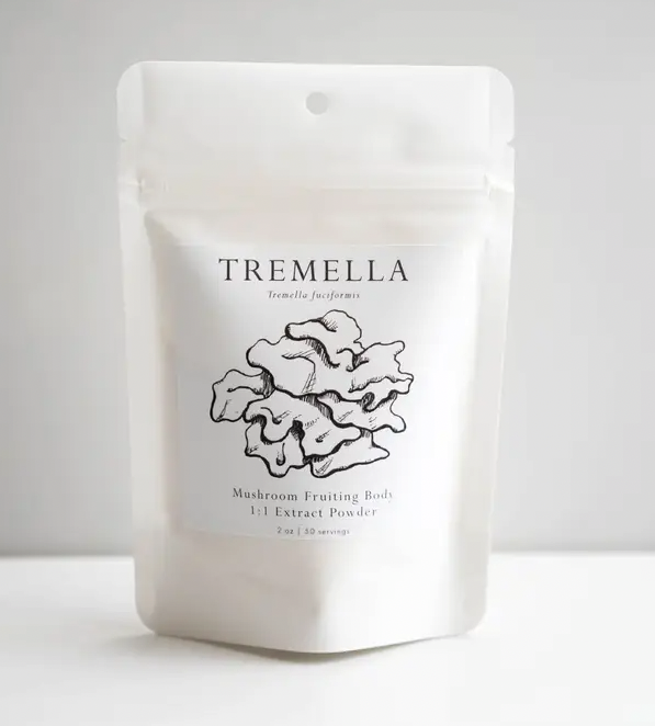Tremella Mushroom Powder 2 oz. | 50 servings, rich in antioxidants, in a bag on a white surface from Faire.com.