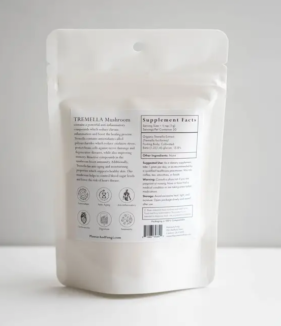 A white bag of Faire.com's Tremella Mushroom Powder 2 oz. | 50 servings.