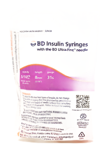 MedPlus insulin syringes 0.3cc (mL) x 31G x 5/16" - 1 BAG/10 syringes with U-100 insulin.