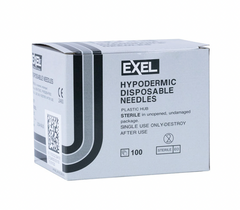 A box of Exel Disposable Hypodermic Needles 22G x 1 1/2" (50 PACK) by MedPlus features sterile stainless steel needles with plastic hubs, single-use; $6.54 per box as of 6/24/25.