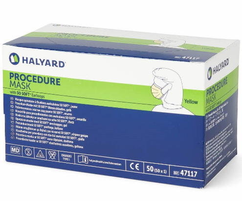 Replace: Box of Halyard Procedure Masks
With: Box of MedPlus Halyard Procedure Mask with So-Soft Ear-Loops | ASTM Level 1 Protection containing 50 masks, featuring protective three-layer construction.