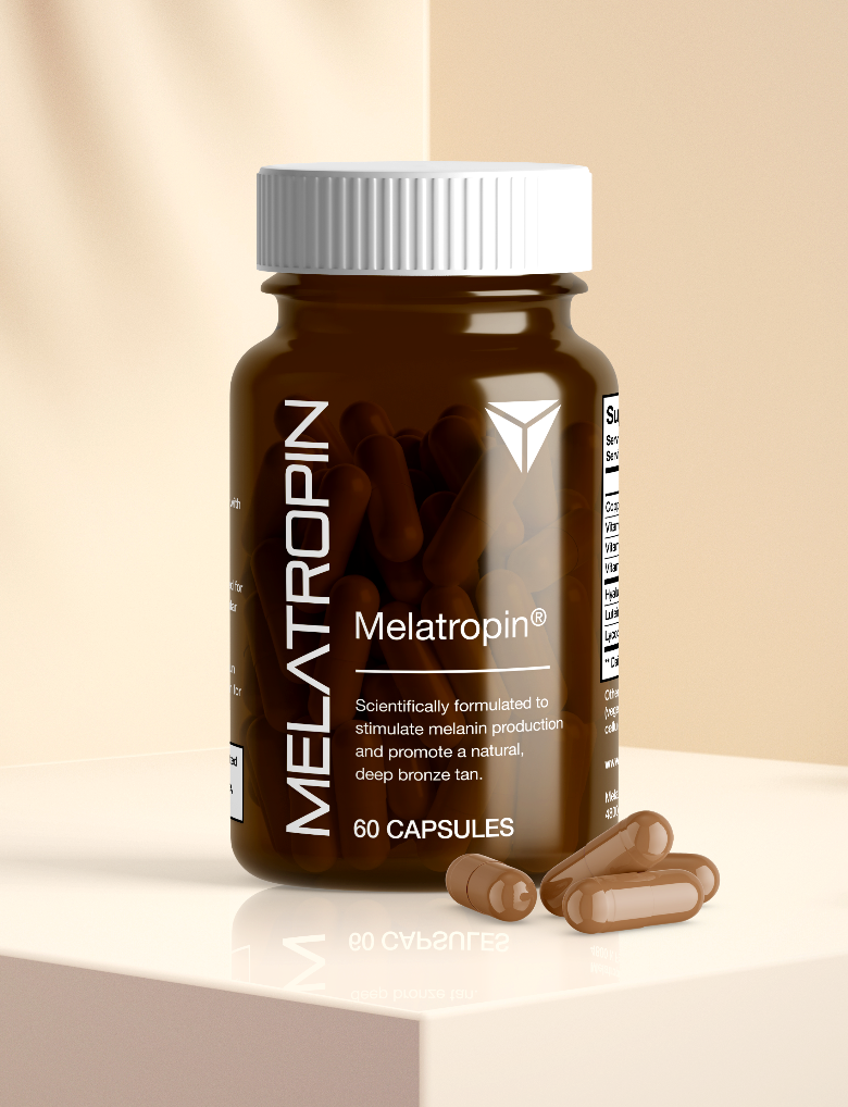 A bottle of Melatropin® Tanning Pills (60 count), a tanning supplement for melanogenesis, on a white background. Brand name: Custom Item.