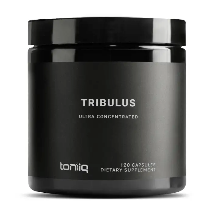 A white background featuring a jar of Tribulus – 1300mg 95% Steroidal Saponins – 120 Veggie Caps, known for its high saponins content, making it one of the popular test booster supplements by Faire.com.
