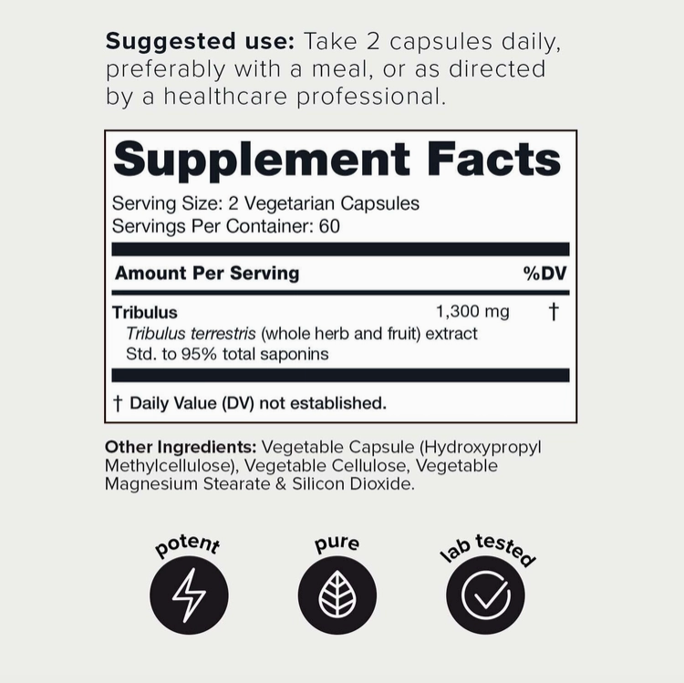 A label for Faire.com's Tribulus – 1300mg 95% Steroidal Saponins – 120 Veggie Caps test booster supplements with the ingredients Tribulus extract and Saponins.