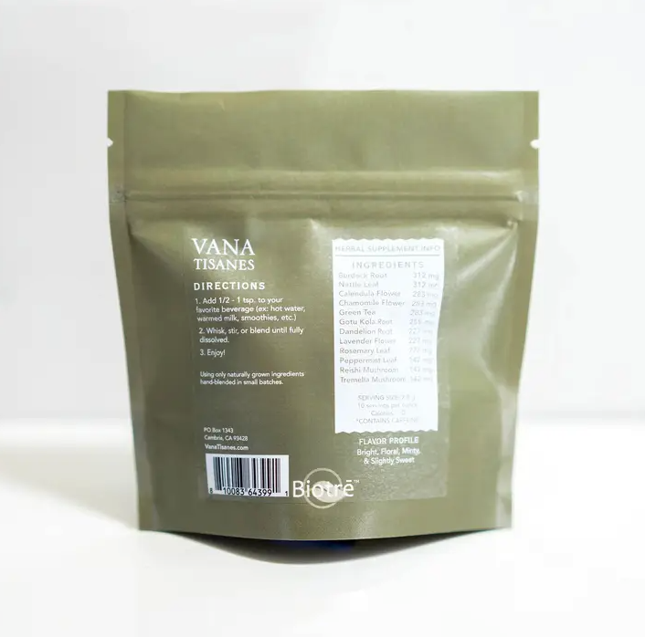 A green bag with white text and a label, designed to increase synthesis of collagen. Hair + Skin  | Fine Plant & Mushroom Powder 2 oz. by Faire.com.