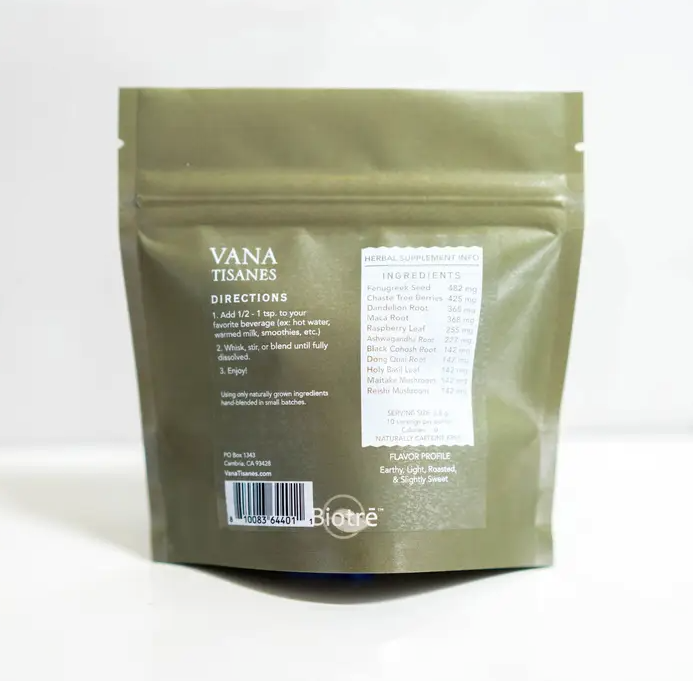 A bag of green tea with a label on it containing Hormones Fine Plant & Mushroom Powder 2 oz. from Faire.com.