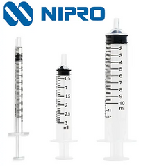 Three Nipro 3cc (3mL) Syringe Slip Tip (NO NEEDLE) (50 pack) of varying sizes (small, medium, large) are displayed vertically against a white background with the Nipro logo above them. Hypodermic needles can be easily attached to these sterile luer slip syringes for efficient medical use.