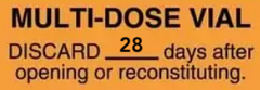Label indicating a multi-dose vial should be discarded 28 days after opening or reconstituting with Henry Schein Bacteriostatic Water for Injection.