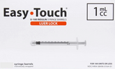 Image of an EasyTouch® 1cc (1ml) Luer-Lock Insulin Syringe barrel, NO NEEDLE. Each syringe in the 50 pack is individually wrapped and suitable for insulin doses up to 100 units.