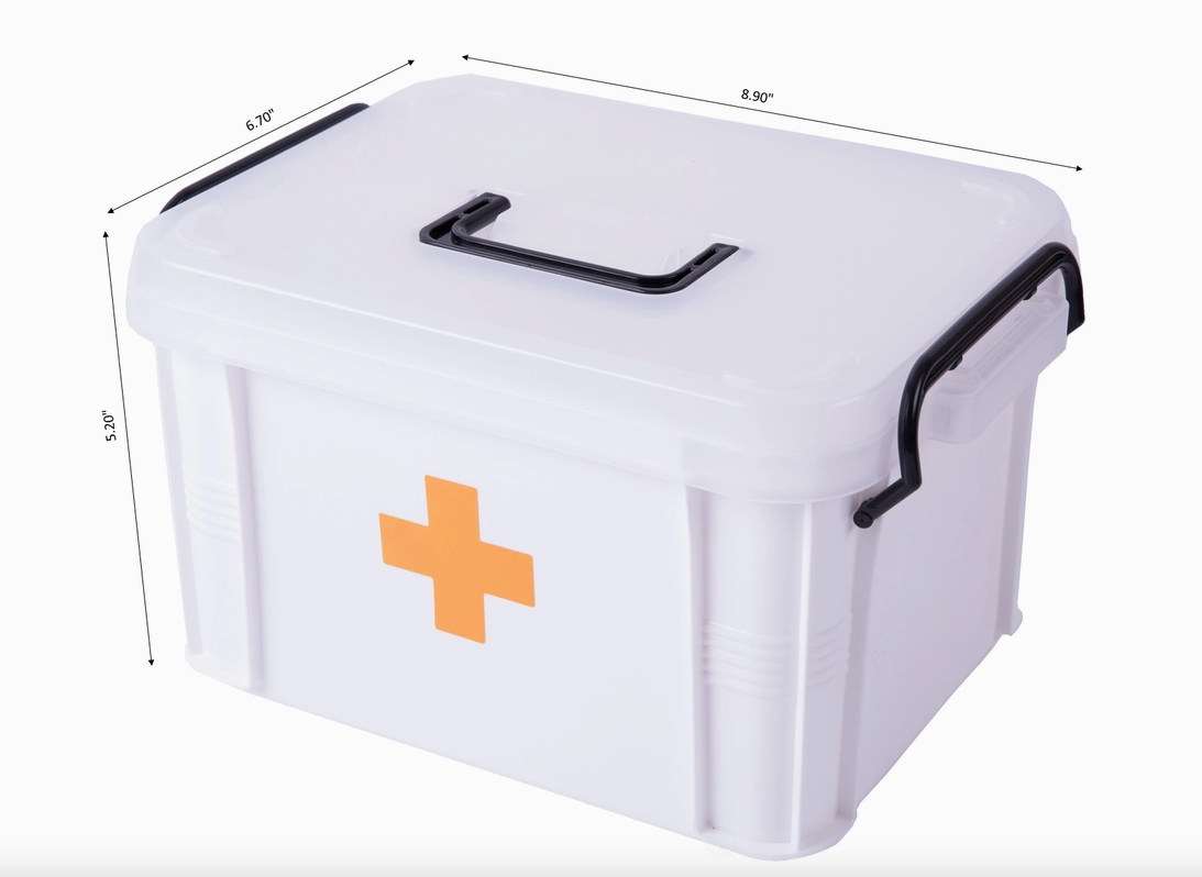 White Faire.com First Aid | Injection Supplies Storage Box with dimensions labeled.