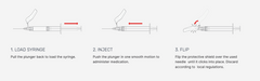 Diagram showing steps for using a syringe: 1. Load Syringe by pulling back the plunger. 2. Inject by pushing plunger to administer medication for patient comfort. 3. Flip the **MHC EasyTouch® Fluringe® Safety Needle 25G x 1" (1 box of 50 needles)** protective shield over the safety needle and dispose properly.