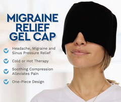 Woman wearing a black Headache and Migraine Relief Cap (Hot or Cold Therapy) by Faire.com, also known as a headache hat, with text listing benefits: headache relief, migraine and sinus pressure relief, cold/hot therapy, soothing compression, alleviating pain, and one-piece design.