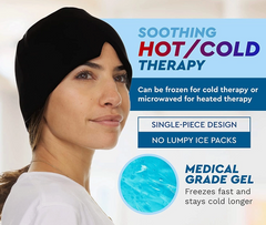 Woman wearing a Headache and Migraine Relief Cap (Hot or Cold Therapy) from Faire.com with text promoting a soothing hot/cold therapy product, highlighting single-piece design, no lumpy ice packs, and medical-grade gel that freezes fast and stays cold longer for effective headache relief.