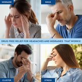 A collage showing four people experiencing different types of headaches: one with a migraine seeking headache and migraine relief cap (Hot or Cold Therapy) from Faire.com, another with sinus pain, a third with a cluster headache, and a fourth dealing with stress-induced pain.
