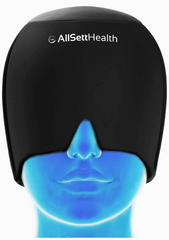 A blue mannequin head wears a black Faire.com Headache and Migraine Relief Cap (Hot or Cold Therapy), commonly known as a headache hat, covering the eyes and upper face for effective migraine relief.