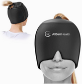 Person wearing a black Faire.com Headache and Migraine Relief Cap for Ponytail (Hot or Cold Therapy) with a small opening at the top for a ponytail, designed for migraine relief. Front and back views are shown.