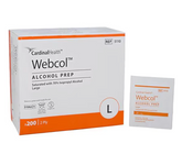 Box of 200 large sterile Webcol alcohol prep pads by MedPlus, saturated with 70% isopropyl alcohol. Price increase to $5.45 per box on 4/11/25.