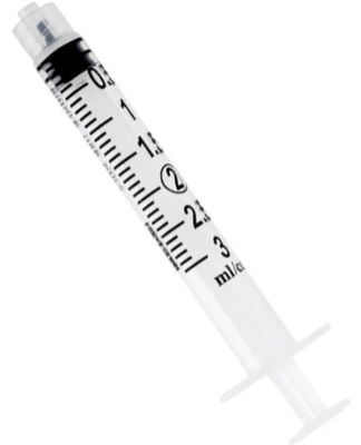 A close-up of an Exel 3cc Luer Lock Syringe (LOW DEAD SPACE PLUNGER) from MedPlus, marked with black measurement lines and numbers, shown against a plain white background. Pack of 50. Price increases to $11.38/box on 6/24/25.
