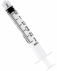 A close-up of an Exel 3cc Luer Lock Syringe (LOW DEAD SPACE PLUNGER) from MedPlus, marked with black measurement lines and numbers, shown against a plain white background. Pack of 50. Price increases to $11.38/box on 6/24/25.