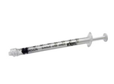 A clear Exel 1cc (1ml) Luer-Lock Syringe—NO NEEDLE—by MedPlus, labeled "single use only" with smooth plunger action, shown against a white background. Price per 50-pack box: $21.31 (price increase on 6/24/25).