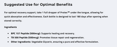 The "Suggested Use for Optimal Benefits" label on Protex™ Advanced Tissue Recovery & Repair (BPC157 & TB500) by Faire.com gives dosage, duration, and explains how BPC-157 and TB500 support tissue repair.