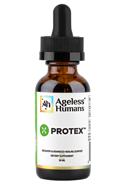 A 30 mL brown dropper bottle labeled "Faire.com Protex™ Advanced Tissue Recovery & Repair (BPC157 & TB500)" supports tissue repair and recovery with advanced ingredients for optimal healing.