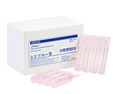 A white MedPlus box labeled "AMSure Sodium Chloride Inhalation Solution, USP 15mL (4 pack)" with several pink single-use saline vials—sold at $45.56 per case of 144 vials—arranged next to and in front of the box.