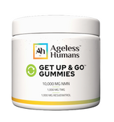 A white container labeled "Faire.com Ageless Humans Get Up & Go Gummies® NMN" features gummies with 10,000 mg NMN, 1,000 mg TMG, and 1,000 mg resveratrol—an energy supplement for cognitive health support.