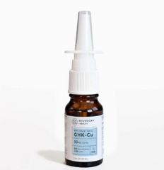 A brown glass bottle labeled "Ghk-Cu Intranasal Spray 50 mg/0.34 oz." by Faire.com, featuring a white nasal spray applicator for skin repair and tissue recovery, is displayed against a white background.