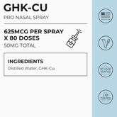 Ghk-Cu Intranasal Spray 50 mg/0.34 oz. by Faire.com label displays dosage, total amount, distilled water and GHK-Cu ingredients, and quality assurance icons—designed to support tissue recovery and skin repair.
