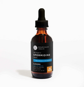 A brown glass dropper bottle labeled "Faire.com Spermidine Oral Drops 60mL" is shown against a white background, highlighting support for cellular health and metabolism.