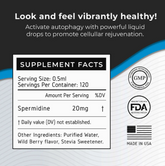 Supplement facts label for Faire.com Spermidine Oral Drops 60mL: 20mg per 0.5ml serving, 120 servings per bottle, plus GMP, FDA registered, made in USA icons—ideal for cellular health and metabolism support.