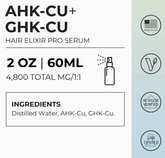 Faire.com Ahk-Cu + Ghk-Cu Hair Elixer Pro Serum, 4800mg/2oz. Promotes hair growth as a scalp spray. Made in USA, Vegan, In House Verified, Lab Tested. Full ingredients listed.