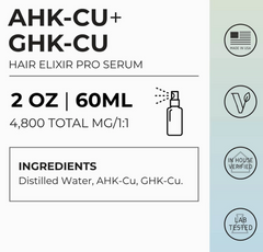 Faire.com Ahk-Cu + Ghk-Cu Hair Elixer Pro Serum, 4800mg/2oz. Promotes hair growth as a scalp spray. Made in USA, Vegan, In House Verified, Lab Tested. Full ingredients listed.