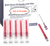 Five MedPlus BD Blunt Fill Needles with 5 Micron Filter (18G x 1½", sterile, 10 pack) are shown in a blister pack next to an open needle and box. Price increases to $38.39/box on 6/24/25.