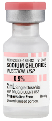 A 2 mL single dose vial of Sodium Chloride 0.9% Fresenius, USP, supplied as a sterile, preservative-free solution in a bottle with a pink cap and white label. Brand: Henry Schein. Price: $31.63 for a pack of 25.