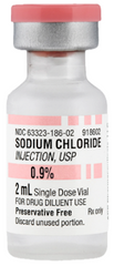 A 2 mL single dose vial of Sodium Chloride 0.9% Fresenius, USP, supplied as a sterile, preservative-free solution in a bottle with a pink cap and white label. Brand: Henry Schein. Price: $31.63 for a pack of 25.