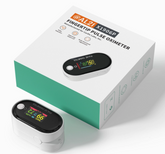 A Faire.com @AL21 Pulse Oximeter, designed to measure SpO2 and blood oxygen saturation, displays readings of 99% SpO2 and 72 bpm. The device is placed next to its product box labeled “@AL21 Pulse Oximeter.”.