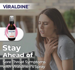 A woman holds her throat in discomfort next to a bottle of Faire.com Viraldine 1.5% Povidone-Iodine Throat Spray Rapid Relief (60mL), with text highlighting its fast-acting relief from sore throat symptoms and support for overall nasal health, providing effective cold and flu symptom relief.
