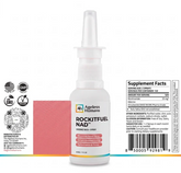 A bottle of Pre Workout NAD+ Nasal Spray: Rockitfuel® by Faire.com, formulated to enhance focus and support your pre-workout routine, is displayed with supplement facts, certification icons, and a barcode on the packaging.