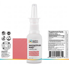 A bottle of Pre Workout NAD+ Nasal Spray: Rockitfuel® by Faire.com, formulated to enhance focus and support your pre-workout routine, is displayed with supplement facts, certification icons, and a barcode on the packaging.