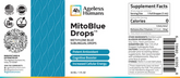 Label for MitoBlue®️ Methylene Blue Sublingual Drops (30mLs) from Faire.com, a sublingual supplement promoting antioxidant support, cognitive function, and increased energy by enhancing mitochondrial activity; features supplement facts and certification details.