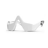 The Under-Eye Red Light Therapy Skin Rejuvenation by Faire.com features futuristic white sunglasses with a zigzag design, angular lenses, and thick frames, offering micro-current vibration for an under-eye massage.