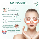 A woman with closed eyes wearing a white under-eye massager with red accents by Faire.com. On the left, text highlights ergonomic design, 3D surround tech, portability, and eye health benefits of the Under-Eye Red Light Therapy Skin Rejuvenation with micro-current vibration for relaxation.