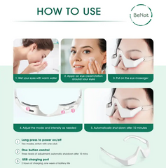 Instructions for using the Faire.com Under-Eye Red Light Therapy Skin Rejuvenation with Micro-Current Vibration include wetting eyes, applying cream, adjusting intensity, and charging. Images depict a woman benefiting from micro-current vibration for soothing therapy.